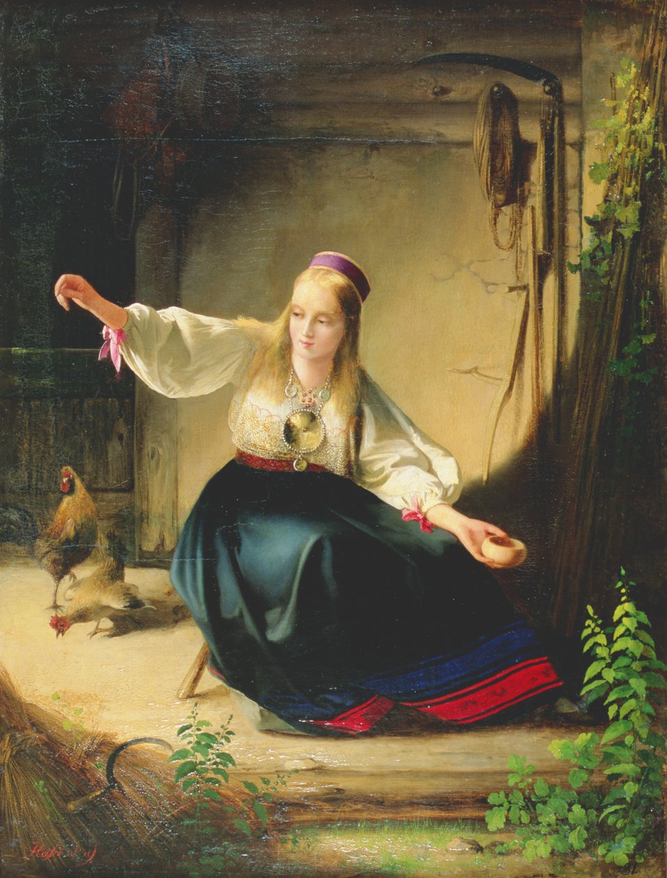 En pige, der fodrer høns, 1839 af Carl Timoleon von Neff