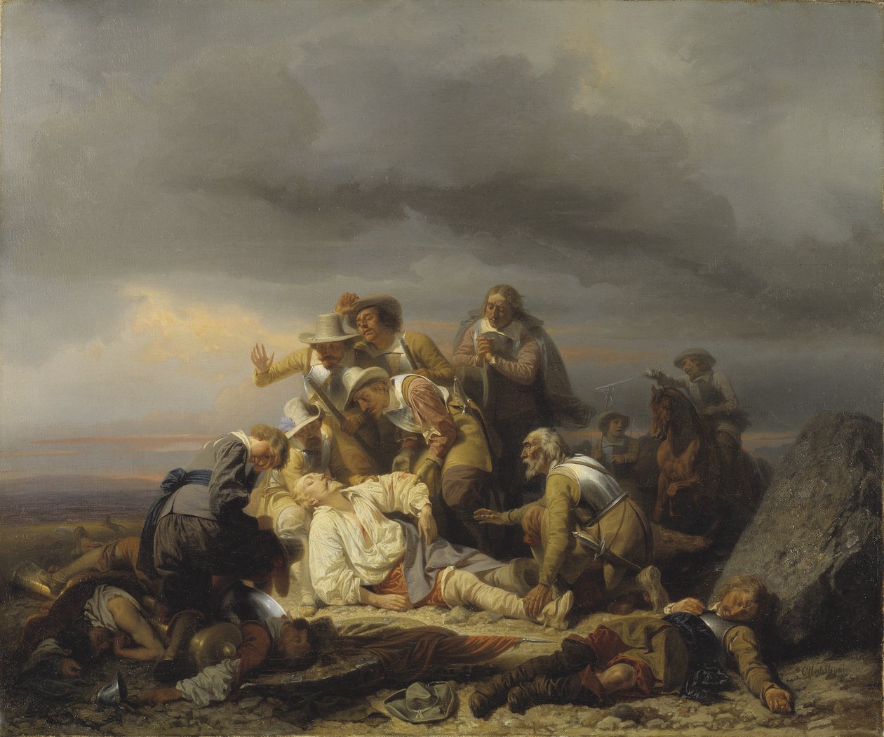 Find liget af kong Gustav II Adolf af Sverige (1594-1632) kendt som Nordens Store eller Løven, som døde i slaget ved Lutzen, 6. november 1632 - Find liget af kong Gustav II Adolf af Sverige efter slaget ved Luetze, af Wahlbom, Carl (1810- af Carl Wahlbom