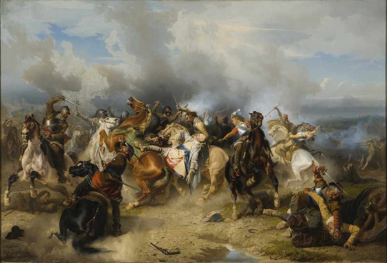 Kong Gustav II Adolfs død af Sverige (1594-1632) sagde Nordens Store eller Løve i slaget ved Luetzen den 6. november 1632 - Kong Gustav II Adolf af Sverige døde i slaget ved Luetzen den 6. november 1632, af Wahlbom, Carl (1810-1858). Olie på af Carl Wahlbom