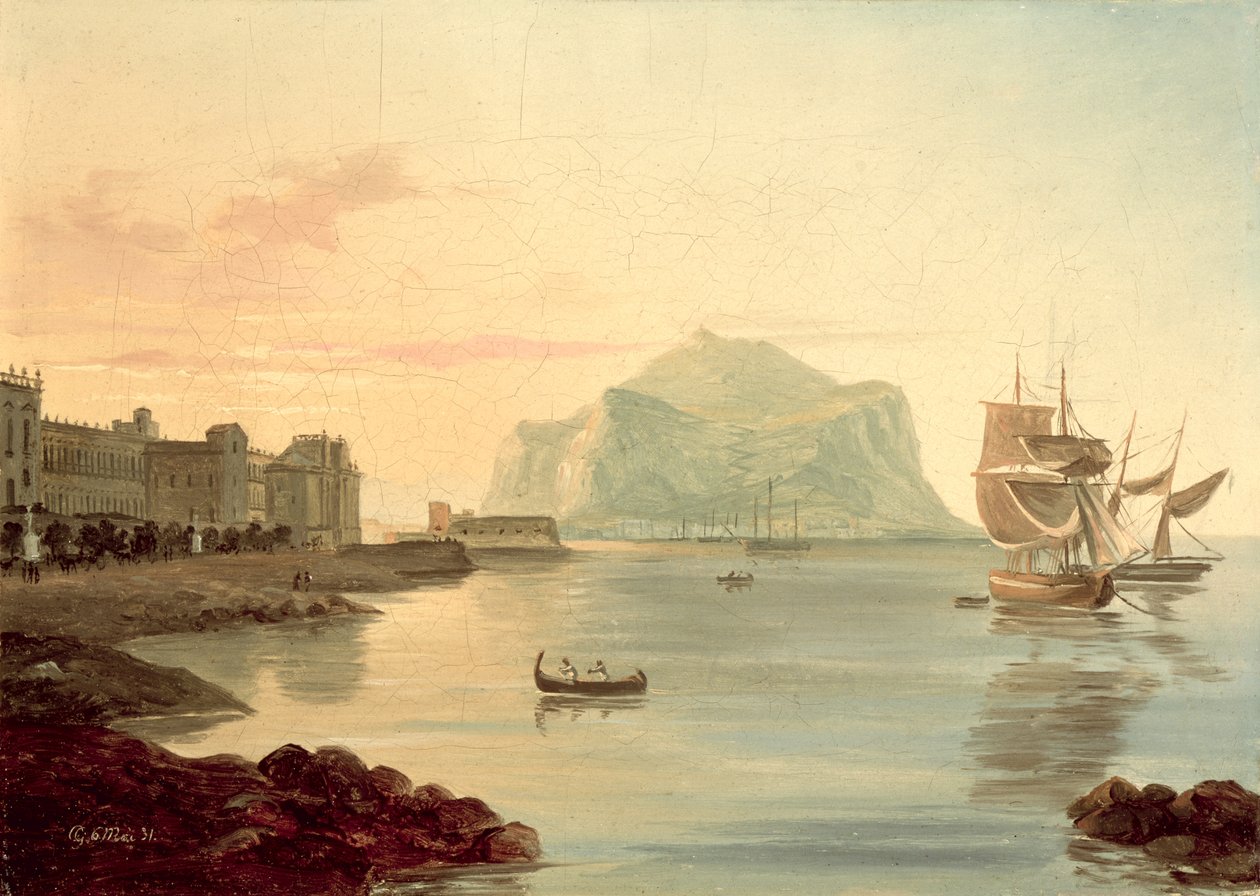 Palermo Havn med Mount Pellegrino, 1831 af Carl Wilhelm Goetzloff
