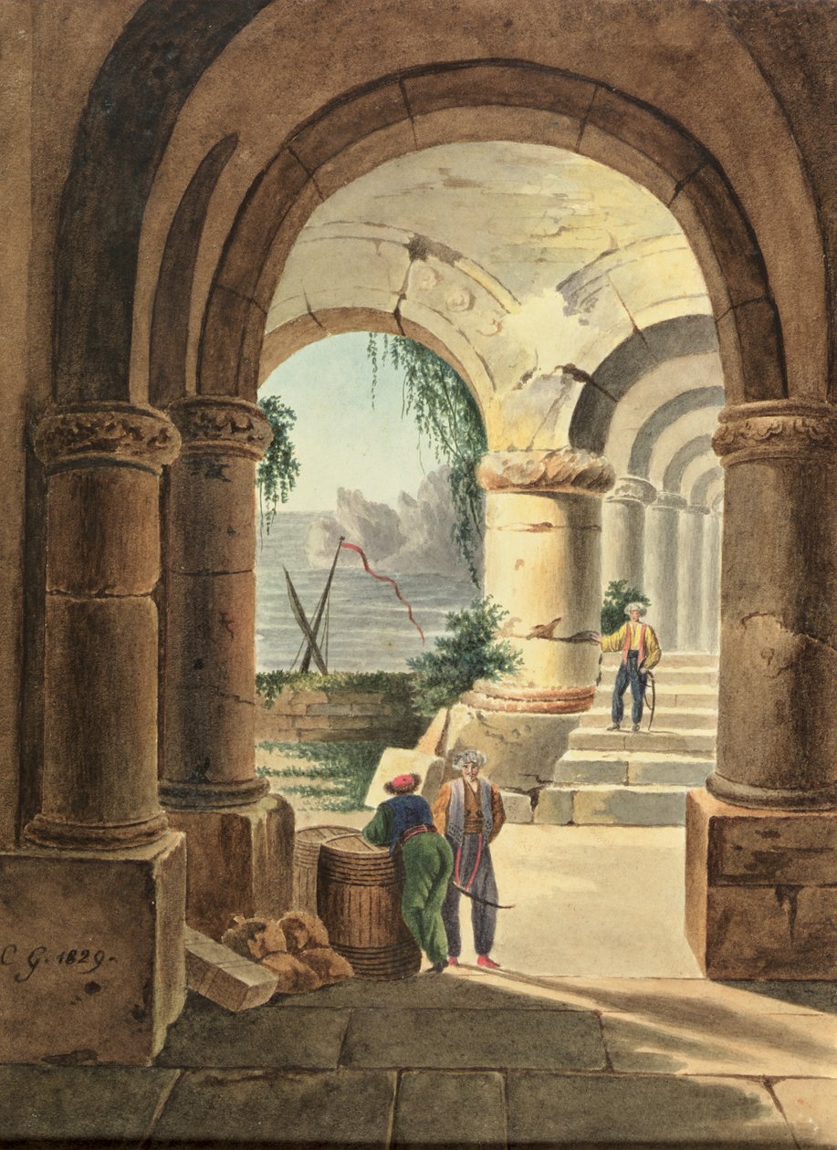 Udsigt over havet gennem et kloster, 1829 (wc på pap) af Carl Wilhelm Goetzloff