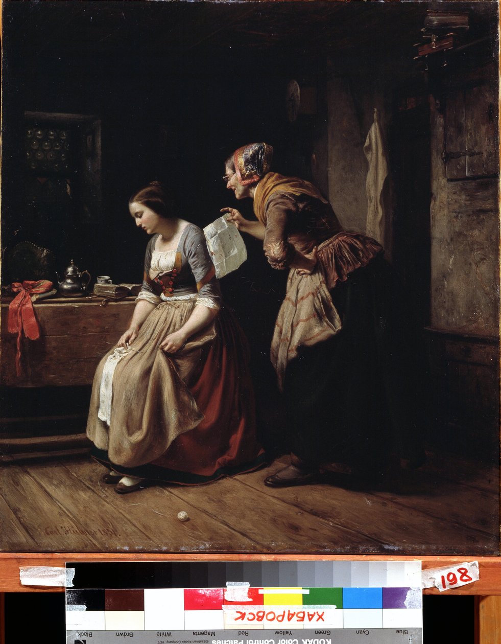 ""Brevet"" (Et brev) En tjener bringer et brev til en ung pige i fortvivlelse. Maleri af Carl Wilhelm Hubner (1814-1879) 1800-tallets fjernøstlige kunstmuseum, Khabarovsk, Rusland af Carl Wilhelm Hübner