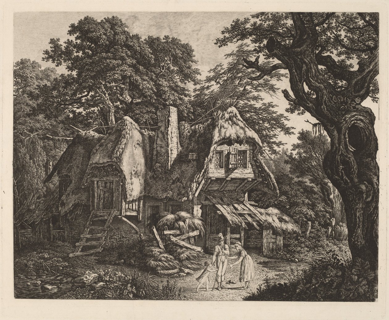 Stråtækket Hytte med Landskab og Figurer af Carl Wilhelm Kolbe