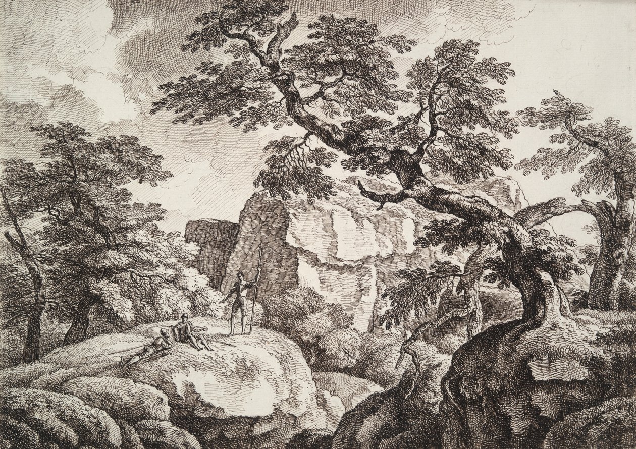 Tre soldater i et kuperet landskab af Carl Wilhelm Kolbe the elder