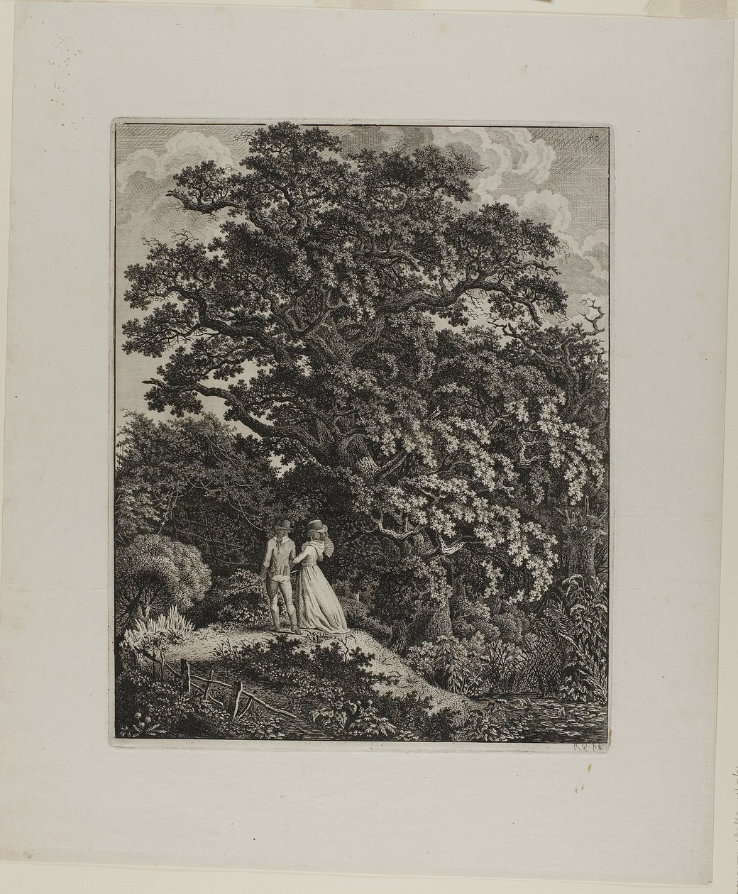Skovlandskab med et elegant par, der går under en eg af Carl Wilhelm Kolbe, the elder