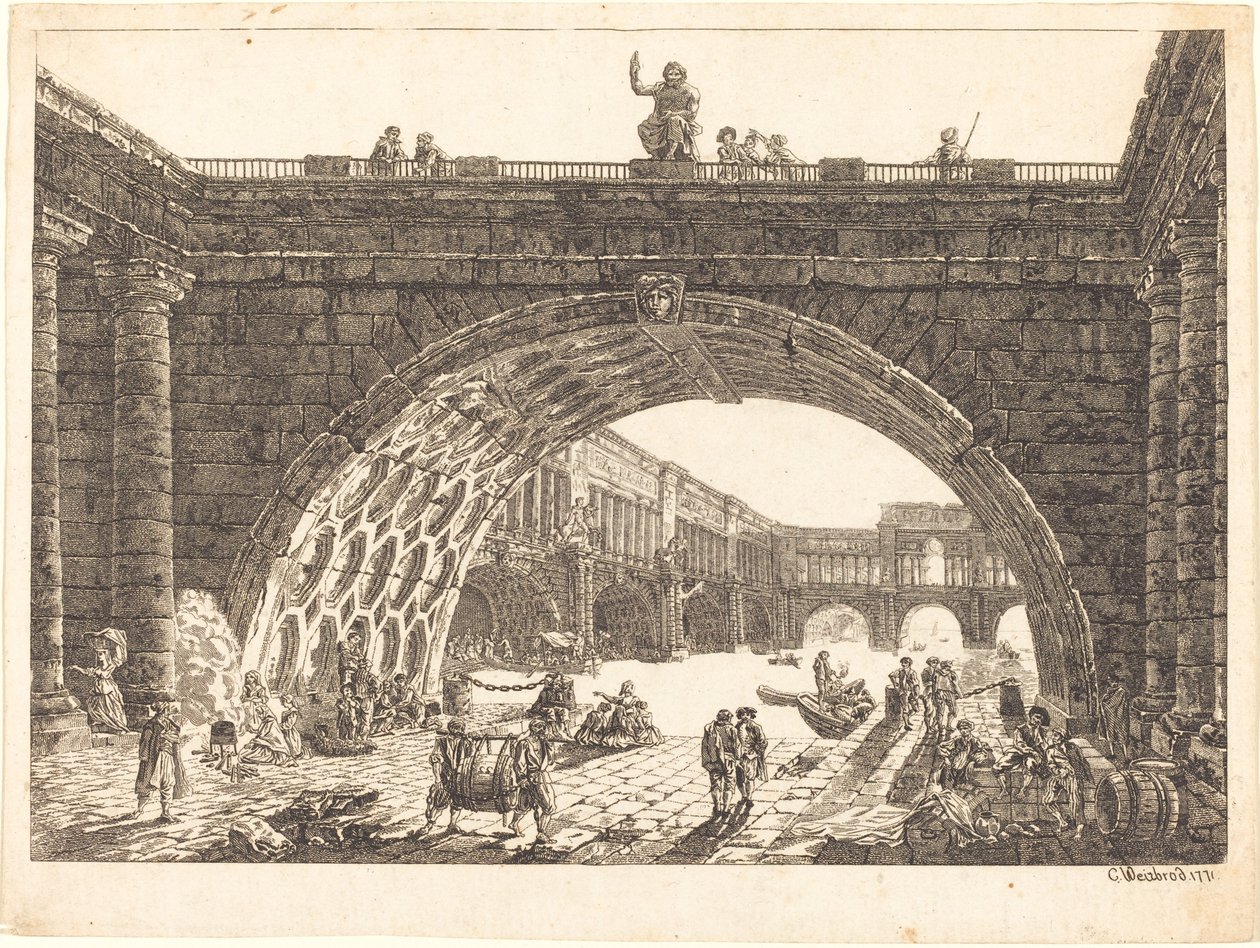 Arkitektonisk fantasi om en monumental havn af Carl Wilhelm Weisbrod after Hubert Robert