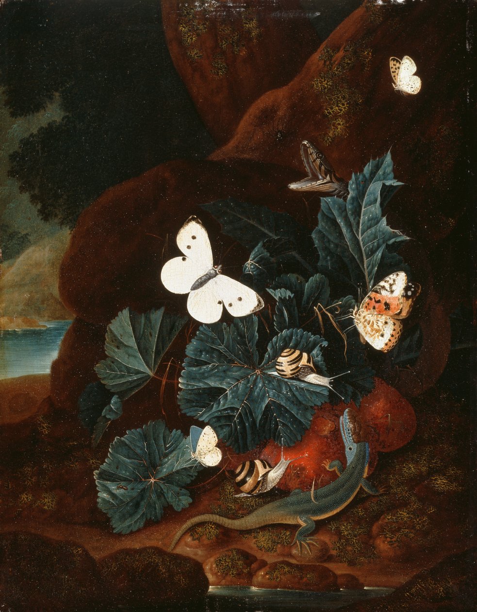 Et skovbundsstilleben med en firben, sommerfugle, snegl og en slange (olie på panel) af Carl Wilhelm de Hamilton
