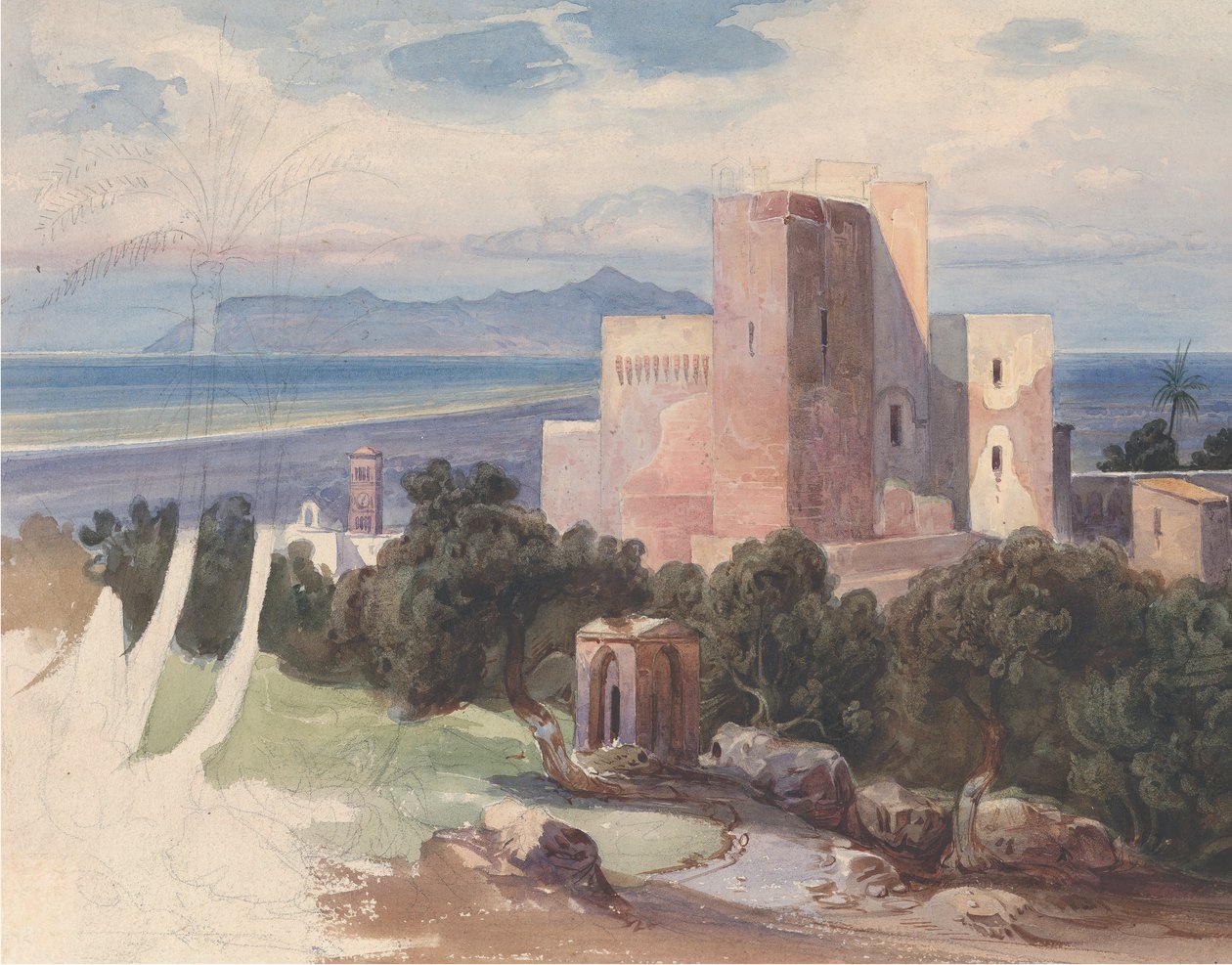 Udsigt på Terracina med Mount Circeo recto..., midten af det 19. århundrede. af Carl von Blaas