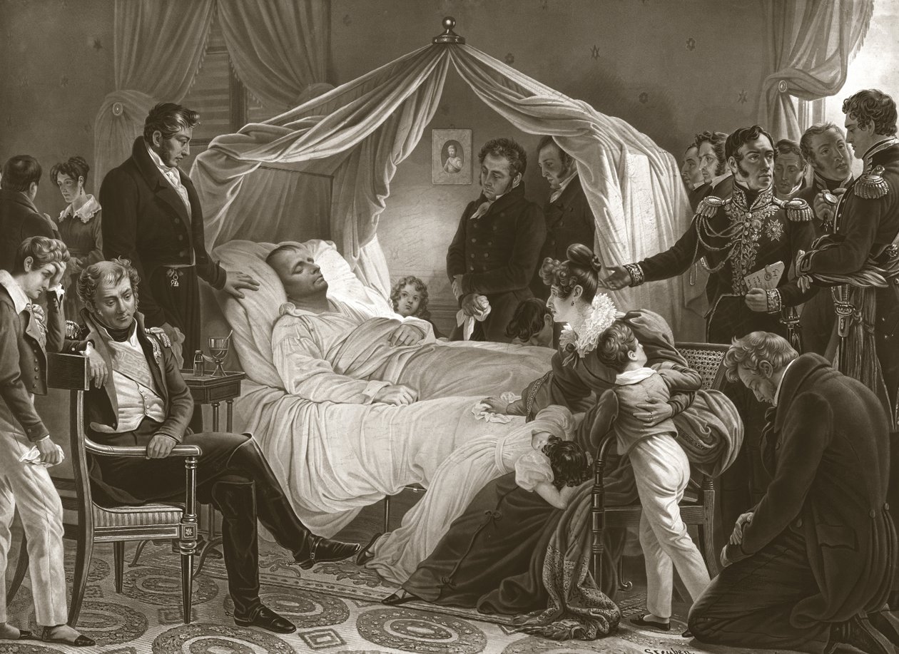 Napoleon på sit dødsleje, 5. maj 1821, pub. gravering. af Carl von Steuben