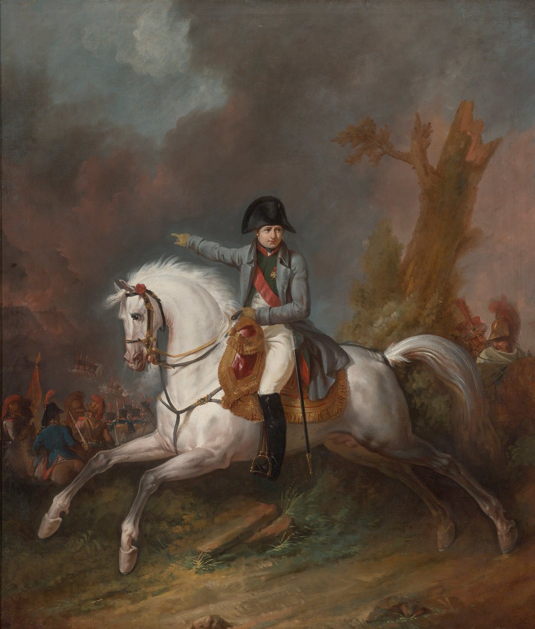 Et rytterportræt af kejser Napoleon med en kamp ud over af Carle Vernet