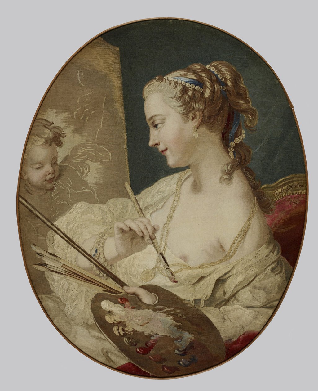 Allegorisk figur af en kvinde, der repræsenterer maleri, 1763 (silke på bomuldsfolie) af Carle van after Loo