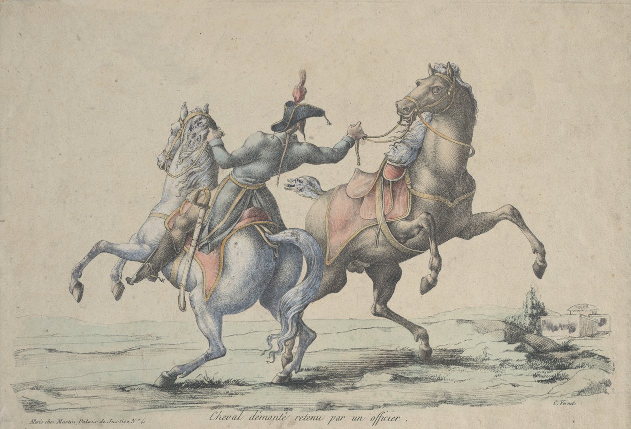 En afmonteret hest tøjret af en officer, 1770-1836. af Carle Vernet