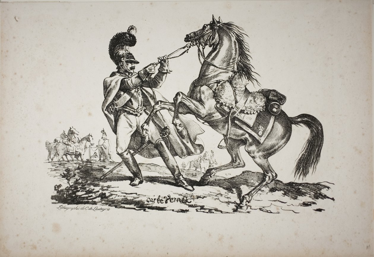Cuirassier til fods holder sin opdrætshest tilbage af Carle Vernet