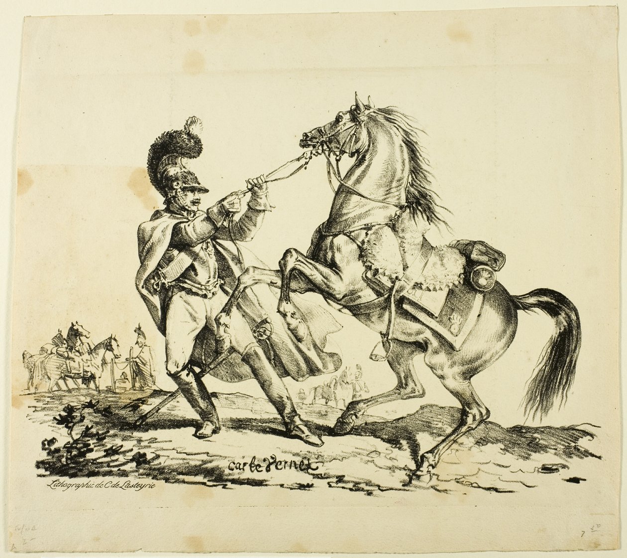 Cuirassier til fods, der holder sin opvæksthest tilbage af Carle Vernet