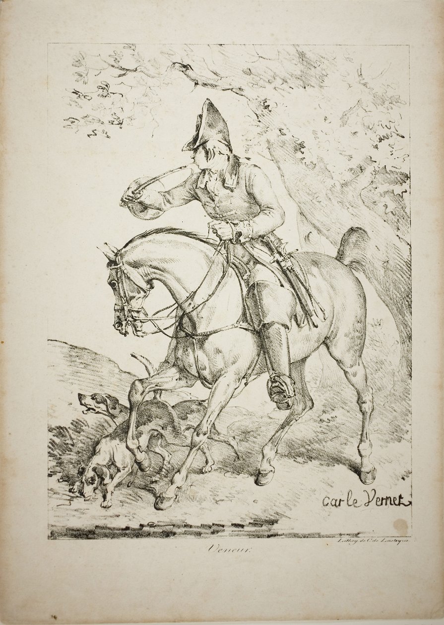 Mounted Huntsman Sounding a Horn af Carle Vernet