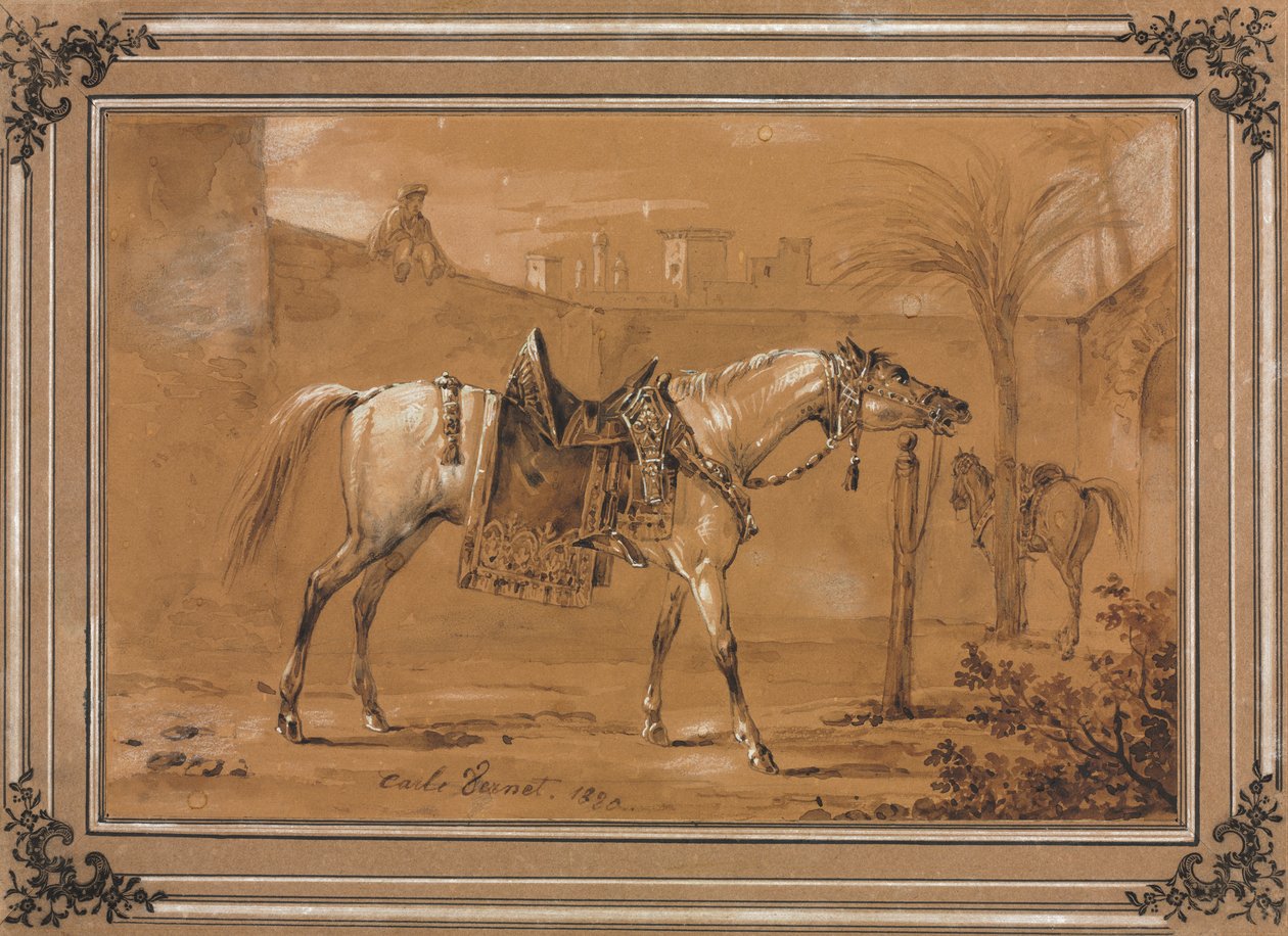 Sadlet araberhest i gården af Carle Vernet