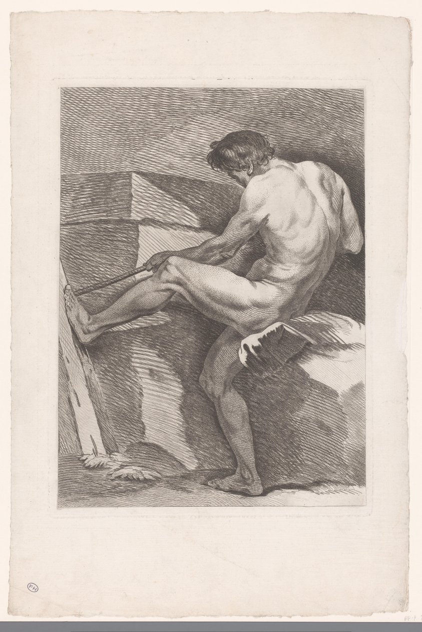 Akademisk undersøgelse af en nøgen mand, der trækker i et reb Seks akademiske studier (serietitel) Six figures academiques (serietitel) af Carle van Loo