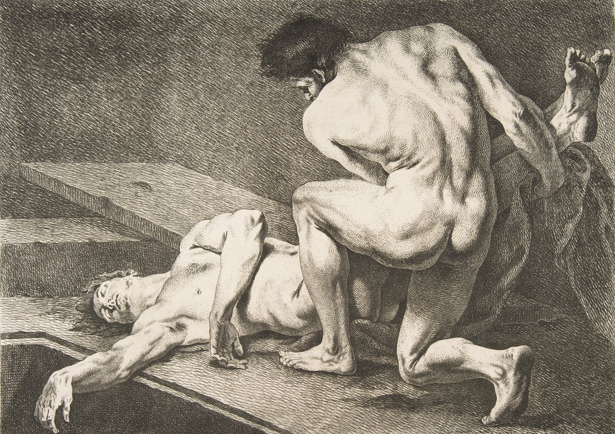 An Académie: One Man Lifting the Legs of Another Man, 1742-43. af Carle van Loo
