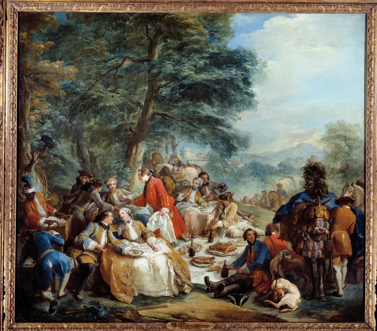 Jagtstop En picnic af adelsmænd under et jagtspil. Maleri af Charles Andre Van Loo (1705-1765) 1700-tallet søn. 2,2x2,5 m. af Carle van Loo