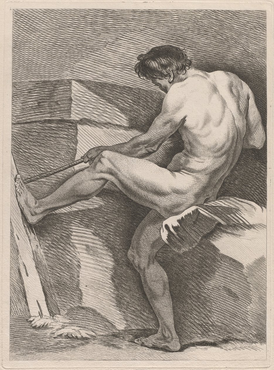 Mand, der trækker i et reb, hans fod afstivet af Carle van Loo