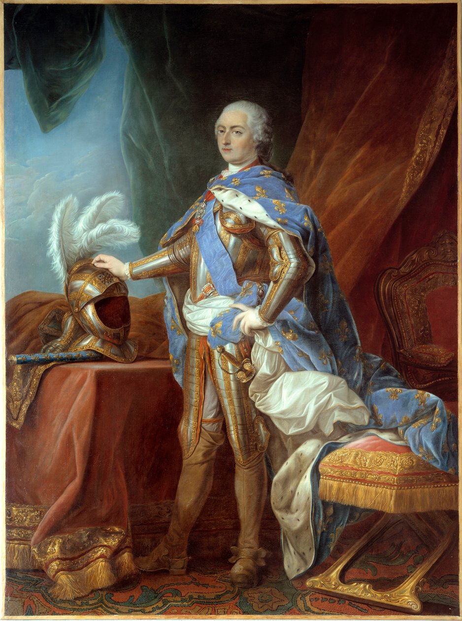 Portræt i foden af Ludvig XV (1710-1774), i rustning, hånd anbragt på et ror. Maleri af Carle Van Loo (1705-1765), olie på lærred (271 x 193 cm) af Carle van Loo