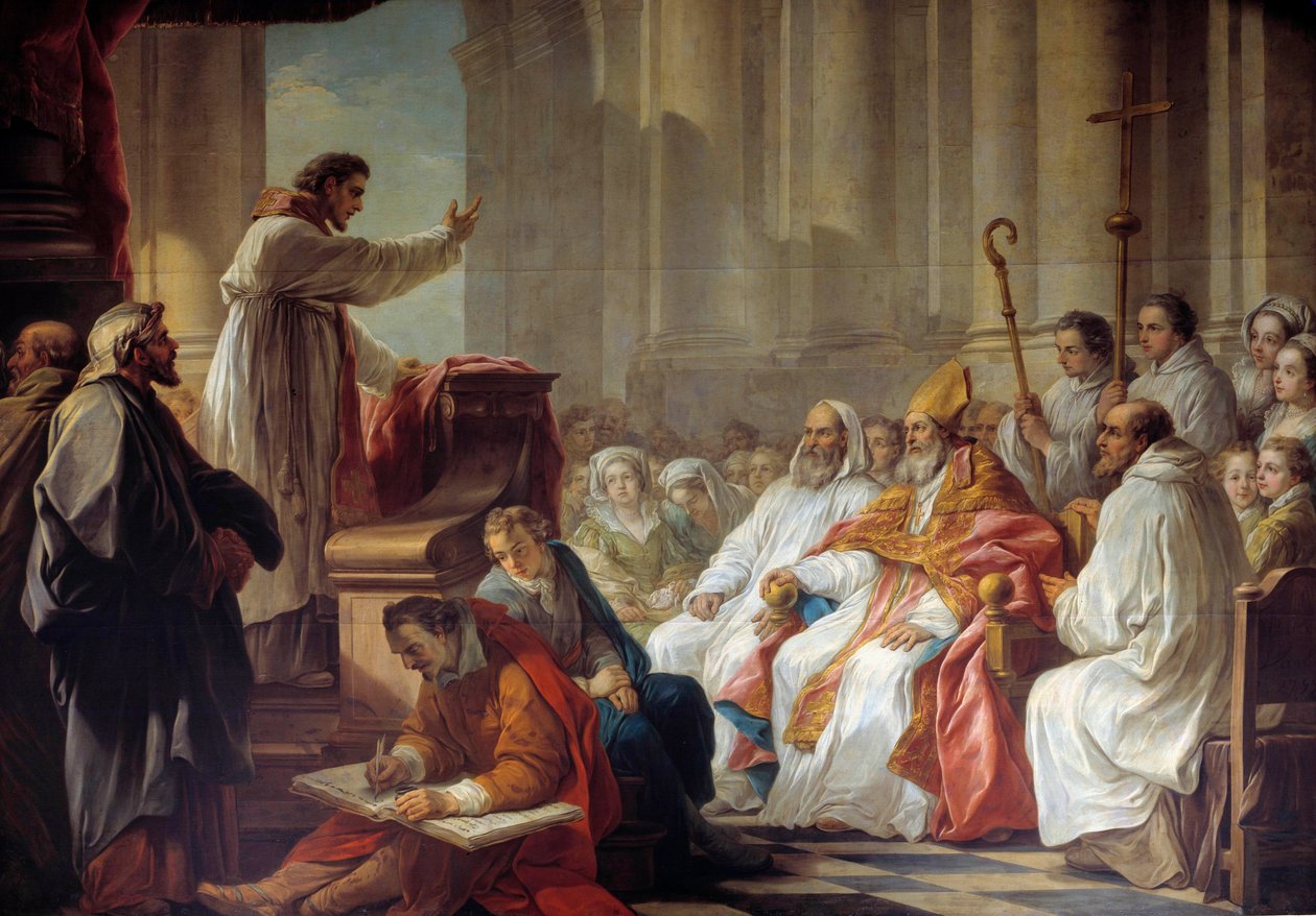 Forudsigelsen af Saint Augustine (354-430) før Valere, eveque af Hippone-maleri af Carle Van Loo (1705-1765) Paris fra det 18. århundrede. Vor Frue af Sejrenes Kirke af Carle van Loo