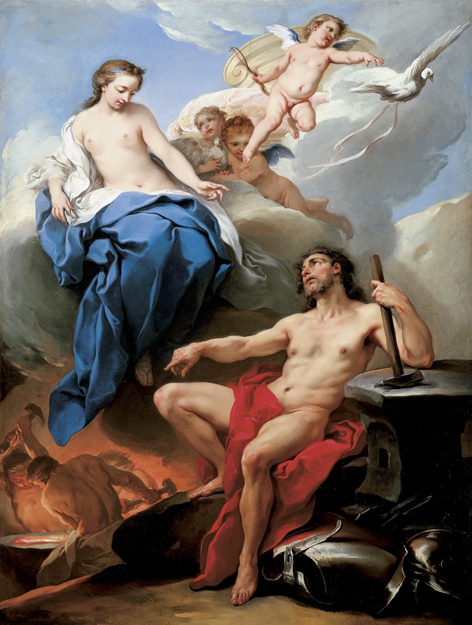 Venus anmoder Vulcan om at lave våben til Aeneas (olie på lærred) af Carle van Loo