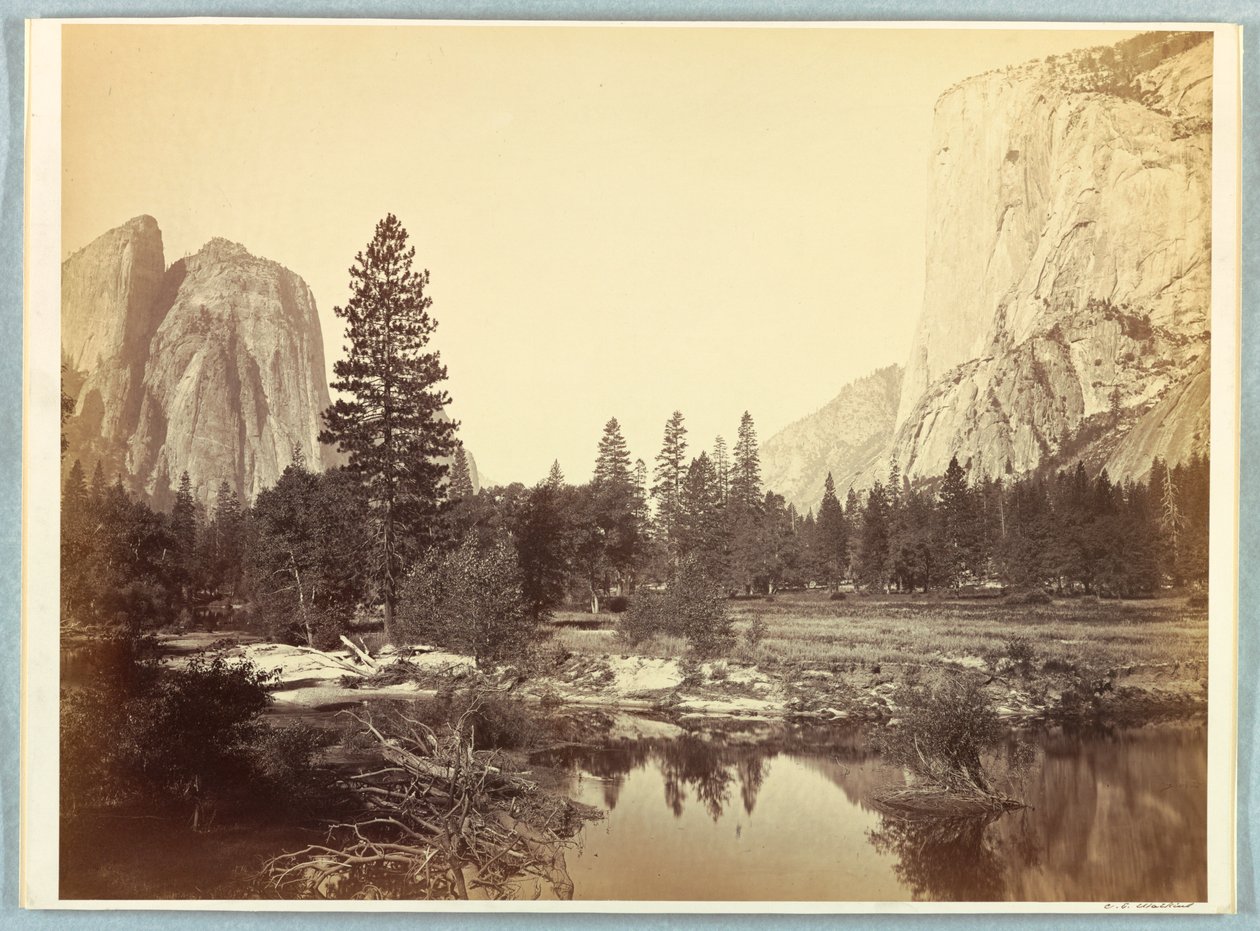 Ned ad dalen, El Capitan og Cathedral Rocks af Carleton E. Watkins