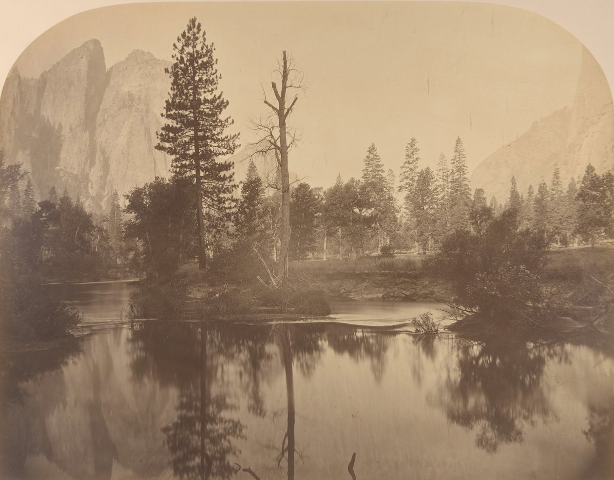River View Down Valley, Cathedral Rock til venstre, 1861. af Carleton Emmons Watkins