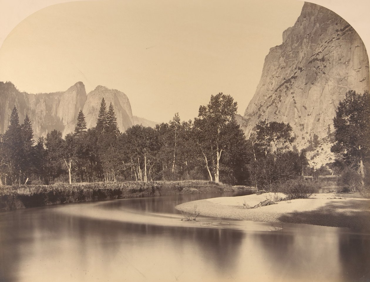 River View, Down the Valley, Cathedral Rock til venstre, 1861, Yosemite. af Carleton Emmons Watkins