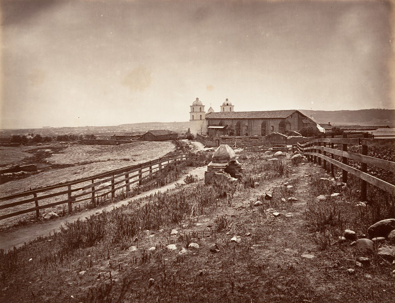 Santa Barbara and Mission Church, 1876, trykt ca. 1876. af Carleton Emmons Watkins