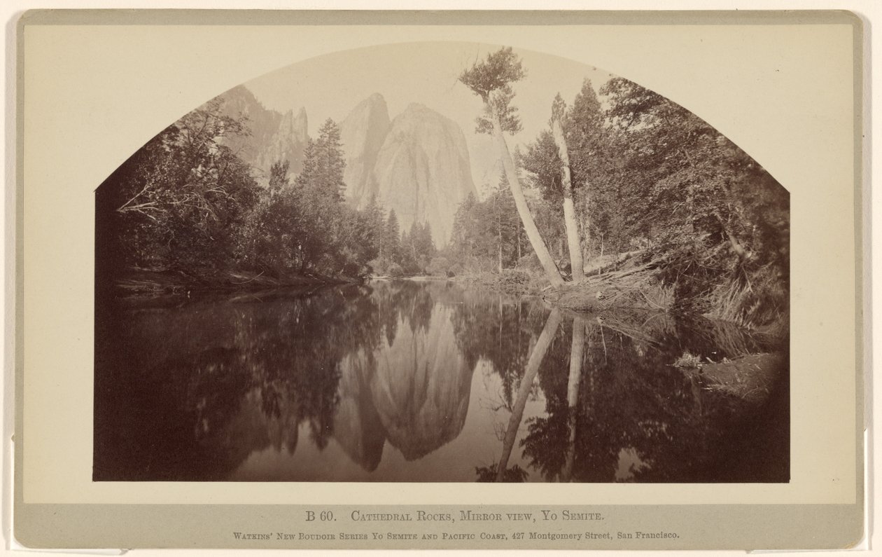 B 60. Cathedral Rocks, spejludsigt, Yosemite af Carleton Watkins