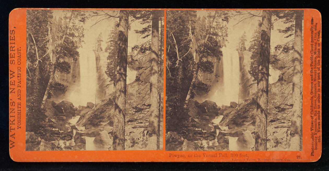 Pic, af Vernal Fall ved lavt vand, 300 fod, Yosemite Valley, Mariposa County, Cal af Carleton Watkins