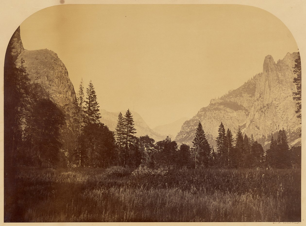 Yosemite, udsigt over dalbunden med Sentinel Rock til højre af Carleton Watkins