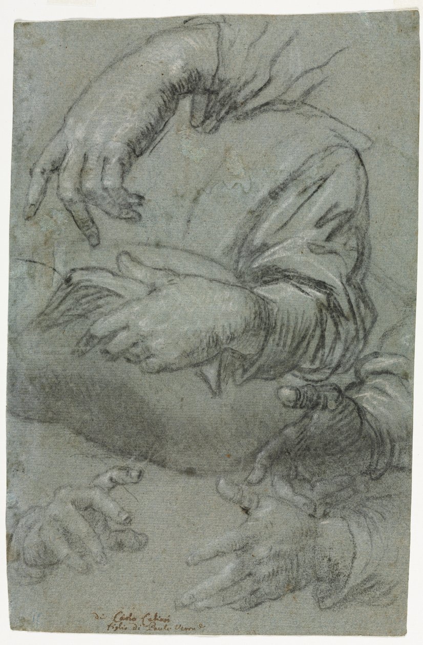 Studier af hænder recto, skitse af et barns hoved verso, ca. 1586. af Carletto Caliari