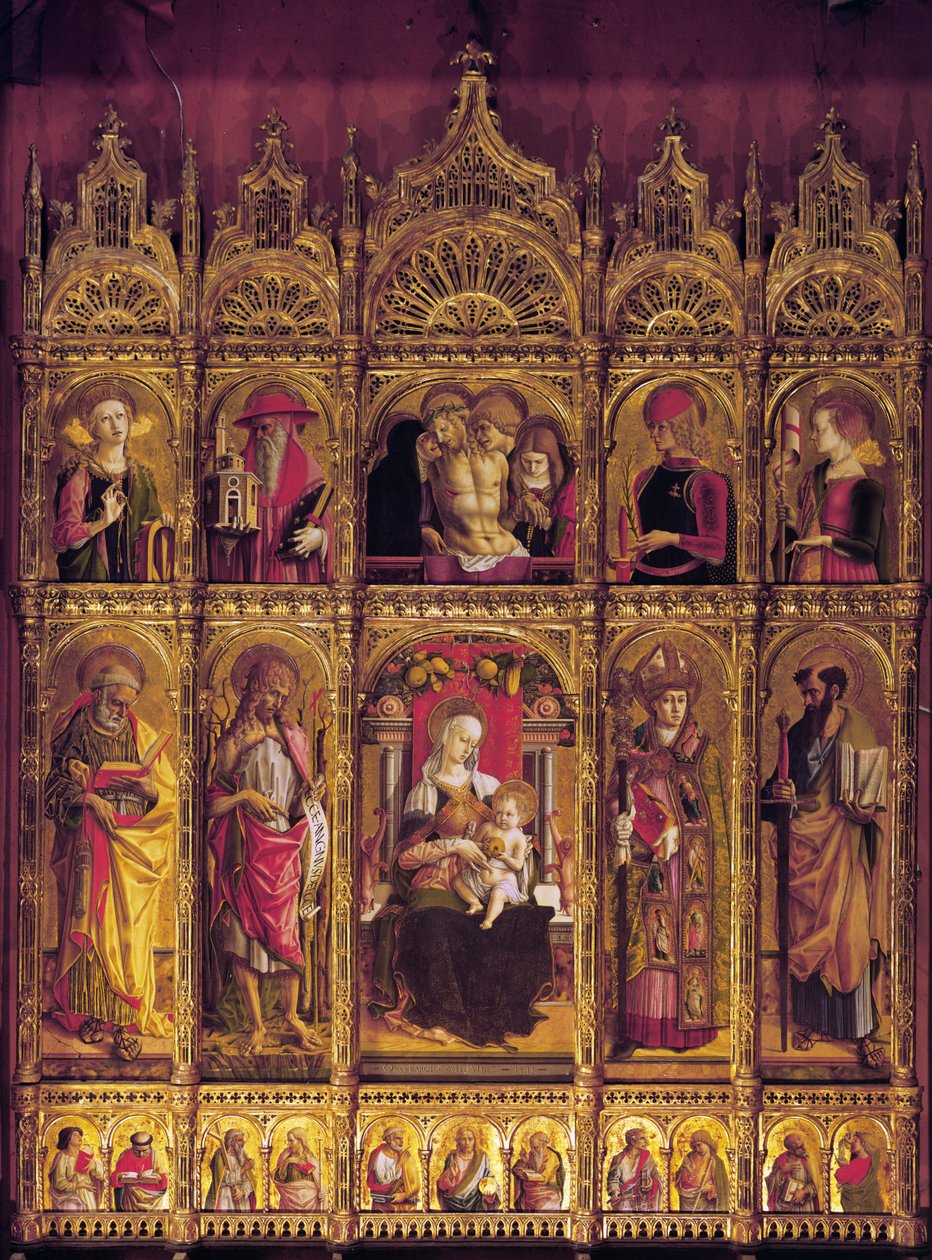 Altertavle af St Emidio, polyptykon: Pietaen og jomfruen med barn mellem de hellige, ca. 1430-95 (tempera på træ) af Carlo Crivelli