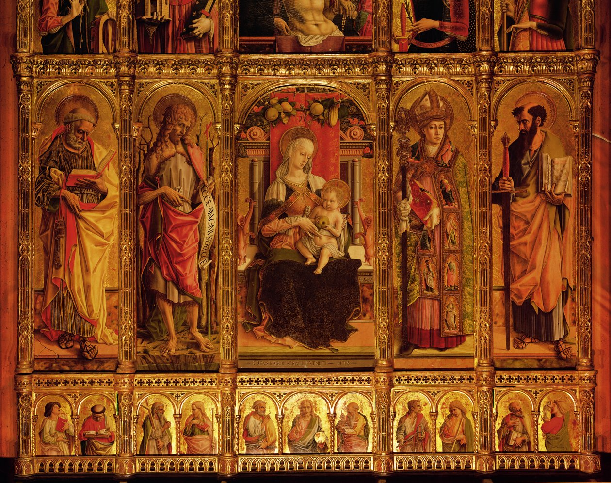 Altertavle af Sankt Emidio, polyptychon, detalje af Jomfruen og helgenerne Sankt Paul, Sankt Johannes Døberen, Sankt Etienne og Sankt Paul, fra venstre mod højre, 1473 tempera på træ af Carlo Crivelli