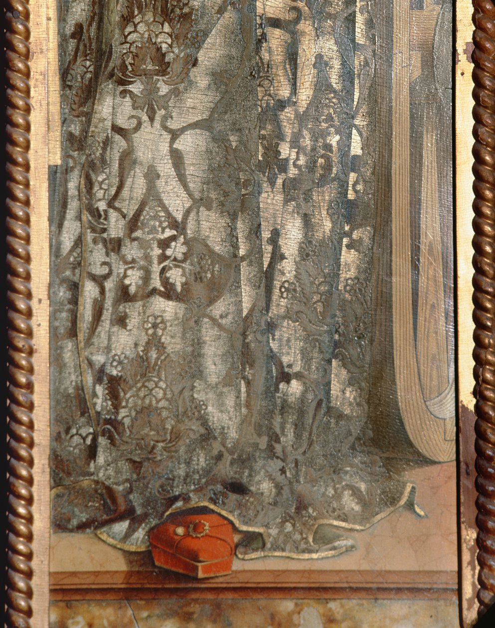 St. Catherine, detalje af hendes kappe fra Santa Lucia triptykontempera på panel se 76683 af Carlo Crivelli