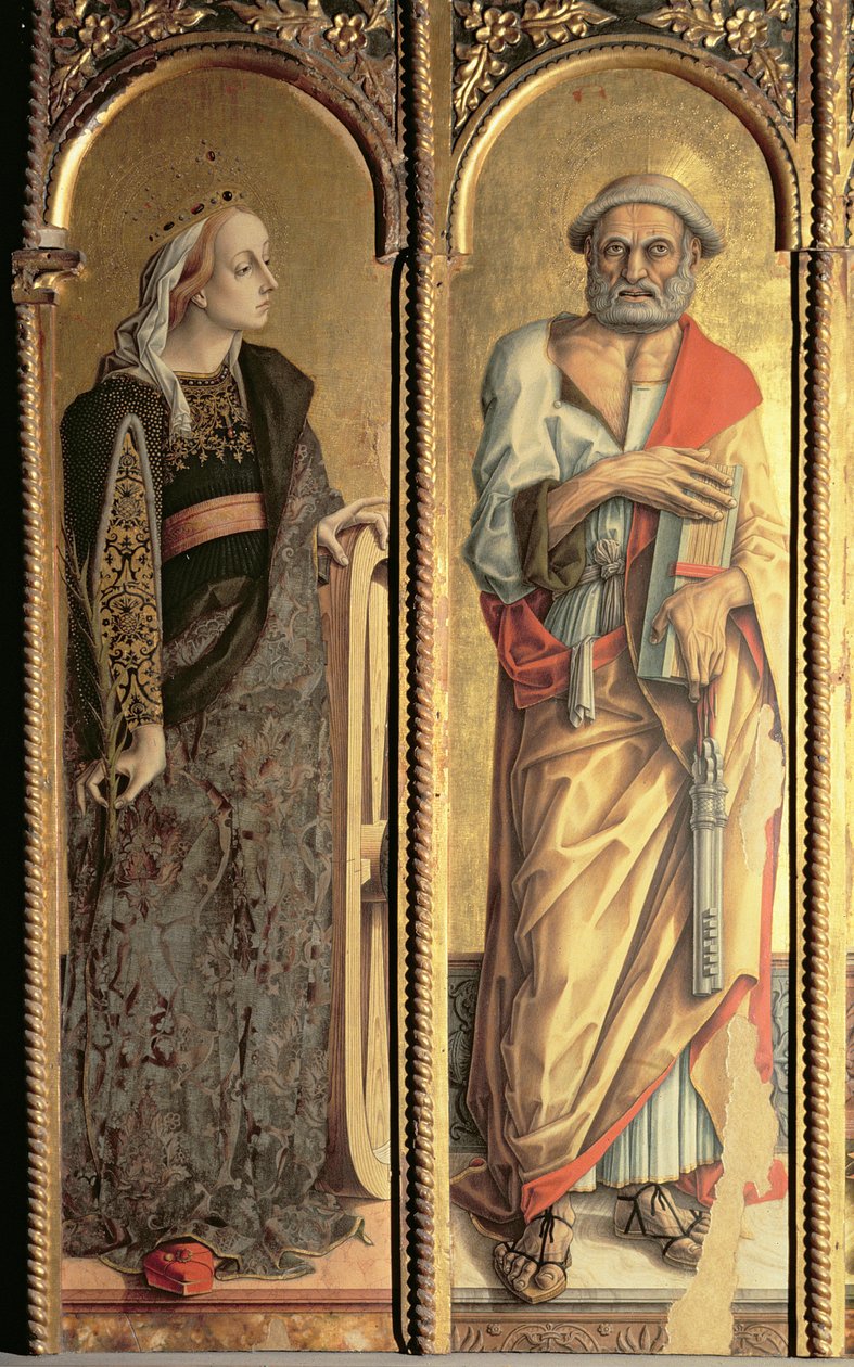 St. Catherine of Alexandria og St. Peter, detalje fra Santa Lucia-triptykonen (tempera på panel) af Carlo Crivelli