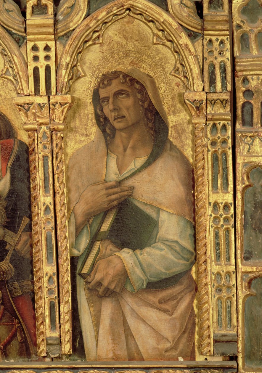 St. John the Evangelist, detalje fra San Martino polyptykonen (tempera på panel) (se 76669) af Carlo Crivelli