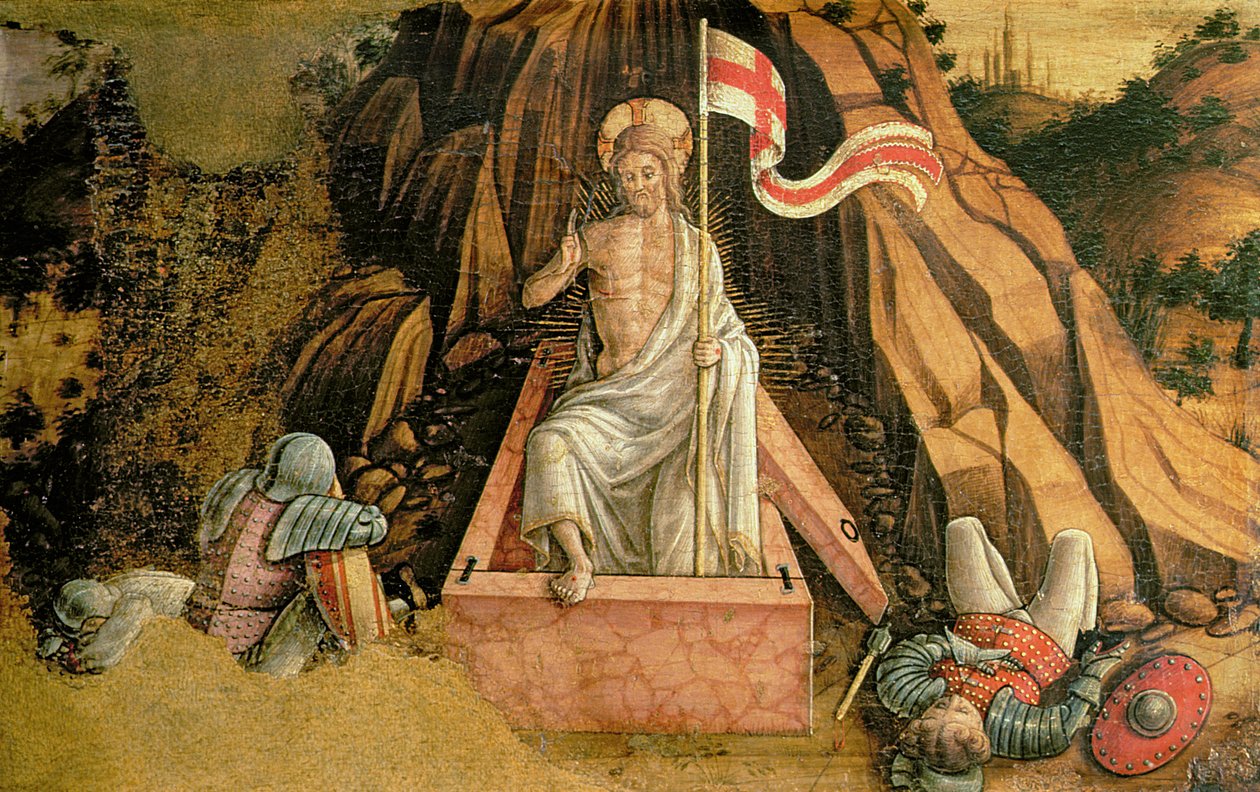 The Resurrection, højre hånd predella panel fra San Silvestro polyptykon, 1468 (tempera på panel) (se 76657) af Carlo Crivelli