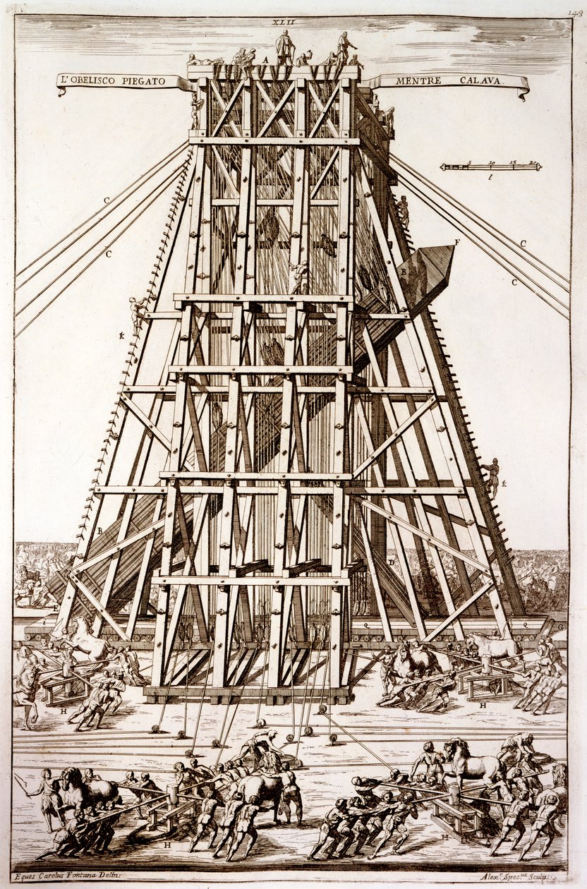 Opførelse af den gamle egyptiske obelisk på Peterspladsen, Rom, indgraveret af Alessandro Specchi af Carlo Fontana