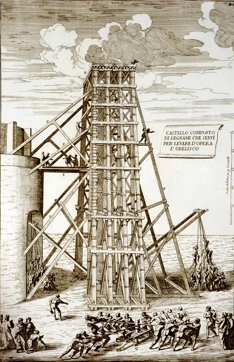 Opstilling af den gamle egyptiske obelisk på Peterspladsen, Rom, graveret af Alessandro Specchi af Carlo Fontana