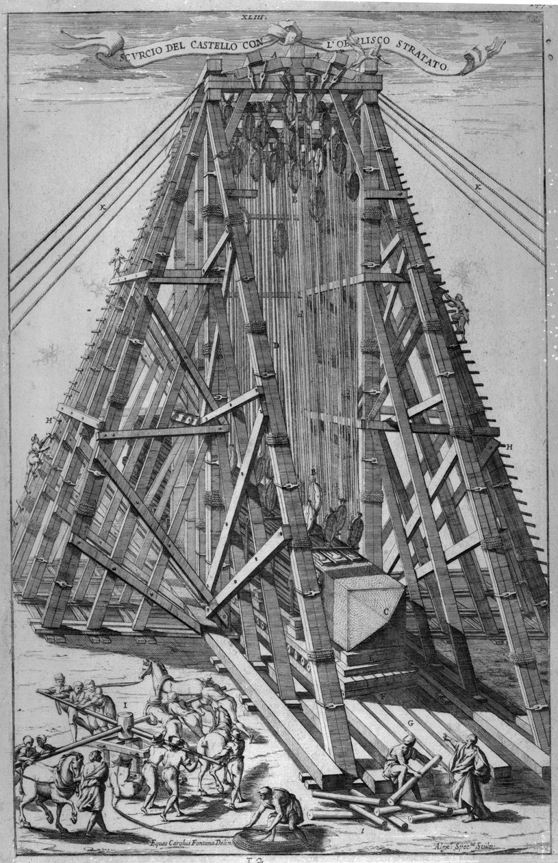 Opførelse af den gamle egyptiske obelisk på Peterspladsen, Rom, indgraveret af Alessandro Specchi af Carlo Fontana