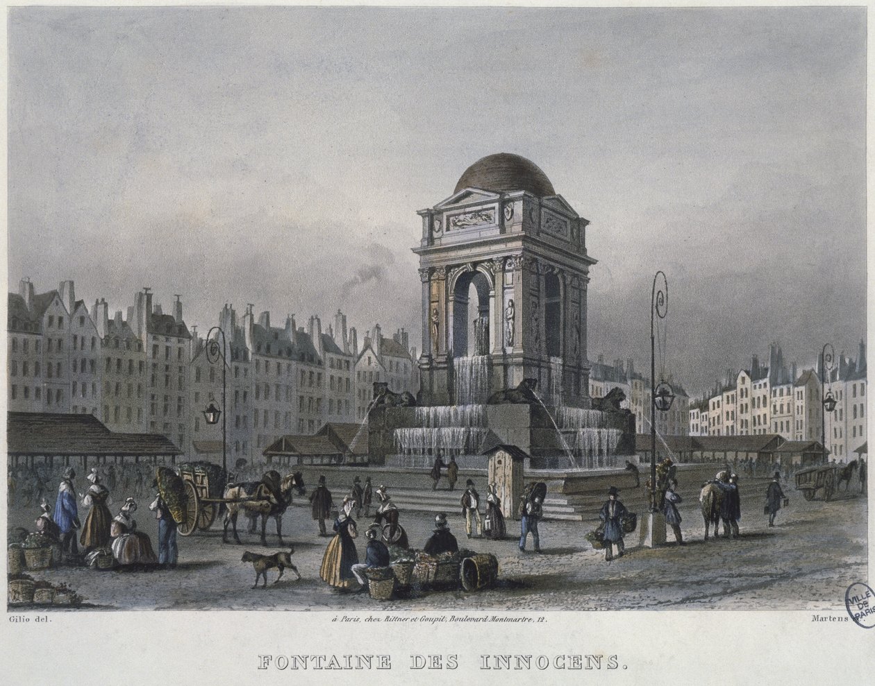 The Fountain of the Innocents, Paris, graveret af Frederic Martens (1809-75) 1832 (farvegravering) af Carlo Gilio
