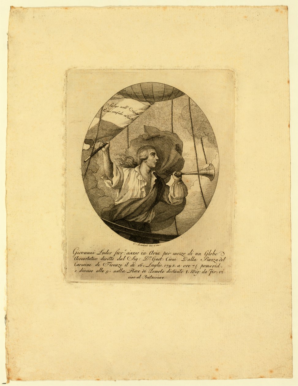 Giovanni Battista Luder, stående i en ballonkurv under en opstigning over Firenze, 1795-1850 af Carlo Lasinio