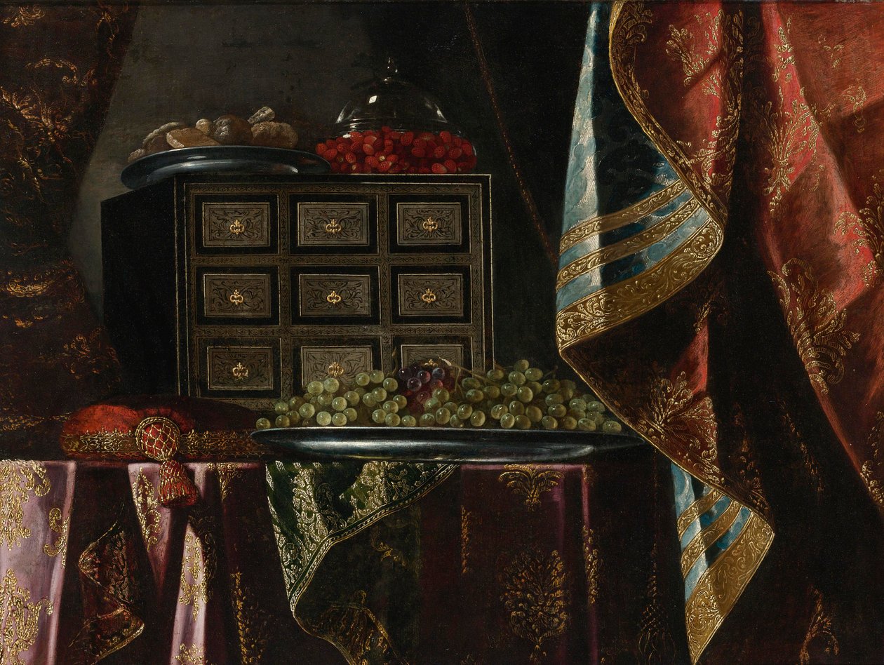 Stilleben af et bryst, frugt og andre objekter på et brokadebetragt bord af Carlo Manieri