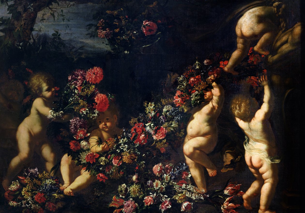 Putti leger med blomsterkranser af Carlo Maratta or Maratti