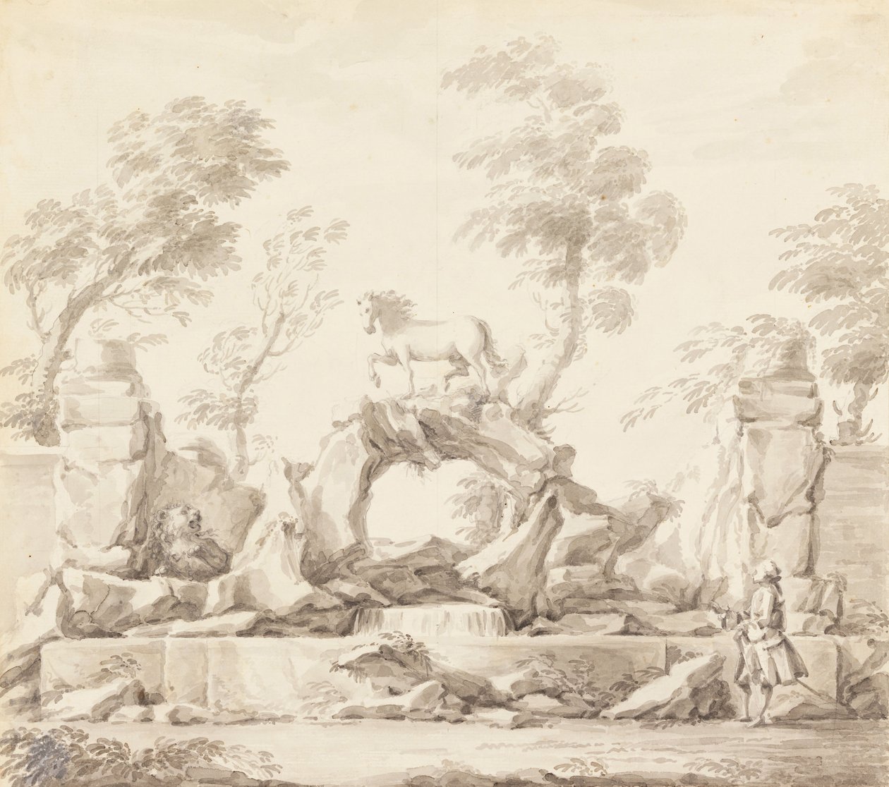 Design til et springvand med Pegasus, til Villa Albani, Rom af Carlo Marchionni