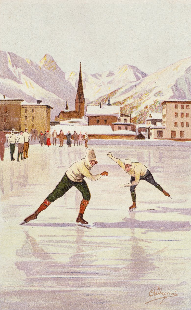 Skatere kapsejlede på skøjtebanen i Davos, Schweiz af Carlo Pellegrini